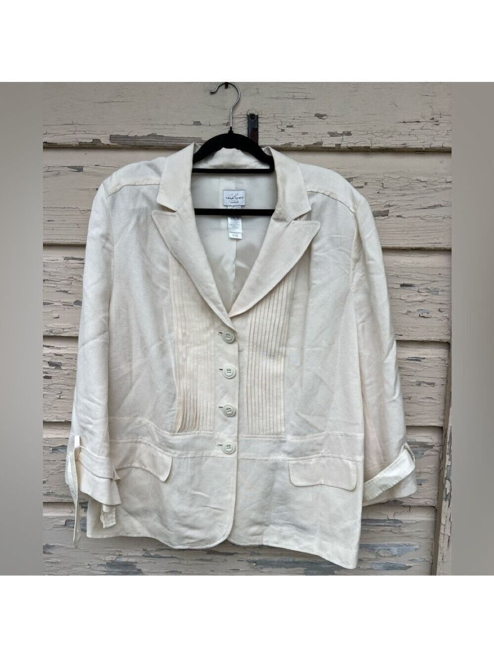 Emma James Woman Linen Blend Pintucks Lagenlook Career Tuxedo Blazer Jacket